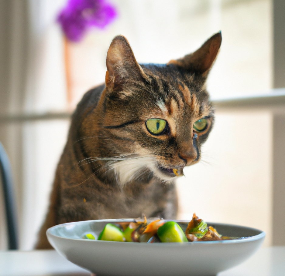 cat eating from a plate with vegan food and not liking it 2