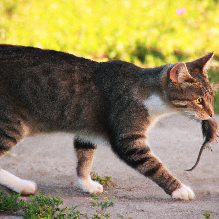 cat walking with a mouse in her mouth